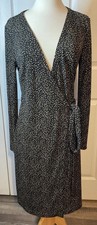 Ann Taylor Black Tan Long Sleeve Knee Length Wrap Dress Size 8 Medium Animal