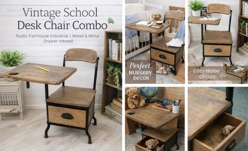 Vintage Antique Industrial Child School Desk & Chair Wood Metal Drawer Inkwell