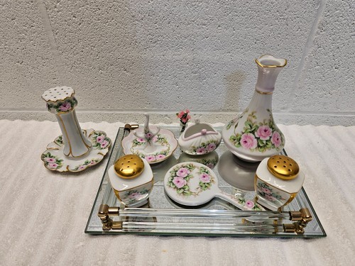 Vintage Japan Porcelain Dresser/Vanity Set 8 Pieces Pink Roses & Greenery LANG