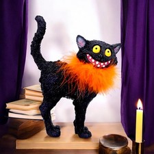 Black Cat Fantasy Figurine Orange Feather Quirky Gothic Statue Decor Ornament