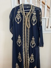 Women Navy Gold Embroidered Kaftan Maxi Dress...