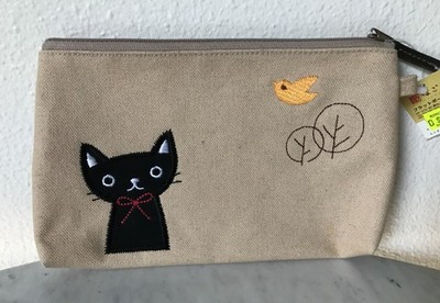 Cat and Bird Beige Fabric Pouch from Japan 7 by 5 Inches New