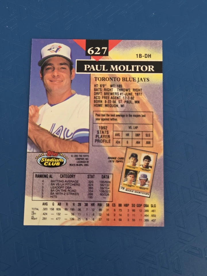 1993 Stadium Club Members Only #627 Paul Molitor Tor Blue Jays BASEBALL Card 2A - Image 2 of 2