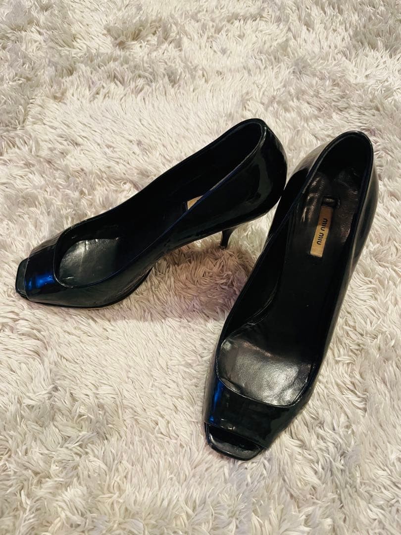 Rare Miu Miu Open Toe Enamel Black Pumps Heels 9cm US 4 EU 34 Elegant Party