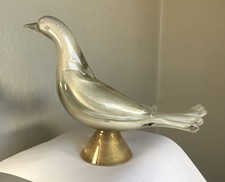 VINTAGE MURANO GLASS BIRD SCULPTURE ON BASE CREAMY WHITE & GOLD ALFREDO BARBINI