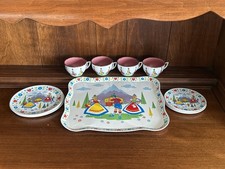 Vintage Children  s Tin Tea Set With Tray Dutch Swiss Alpine 13 Piece Set