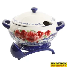 2 Pcs Cobalt Ceramic Soup Tureen W/ Ladle Vintage Floral Stoneware Server Dish