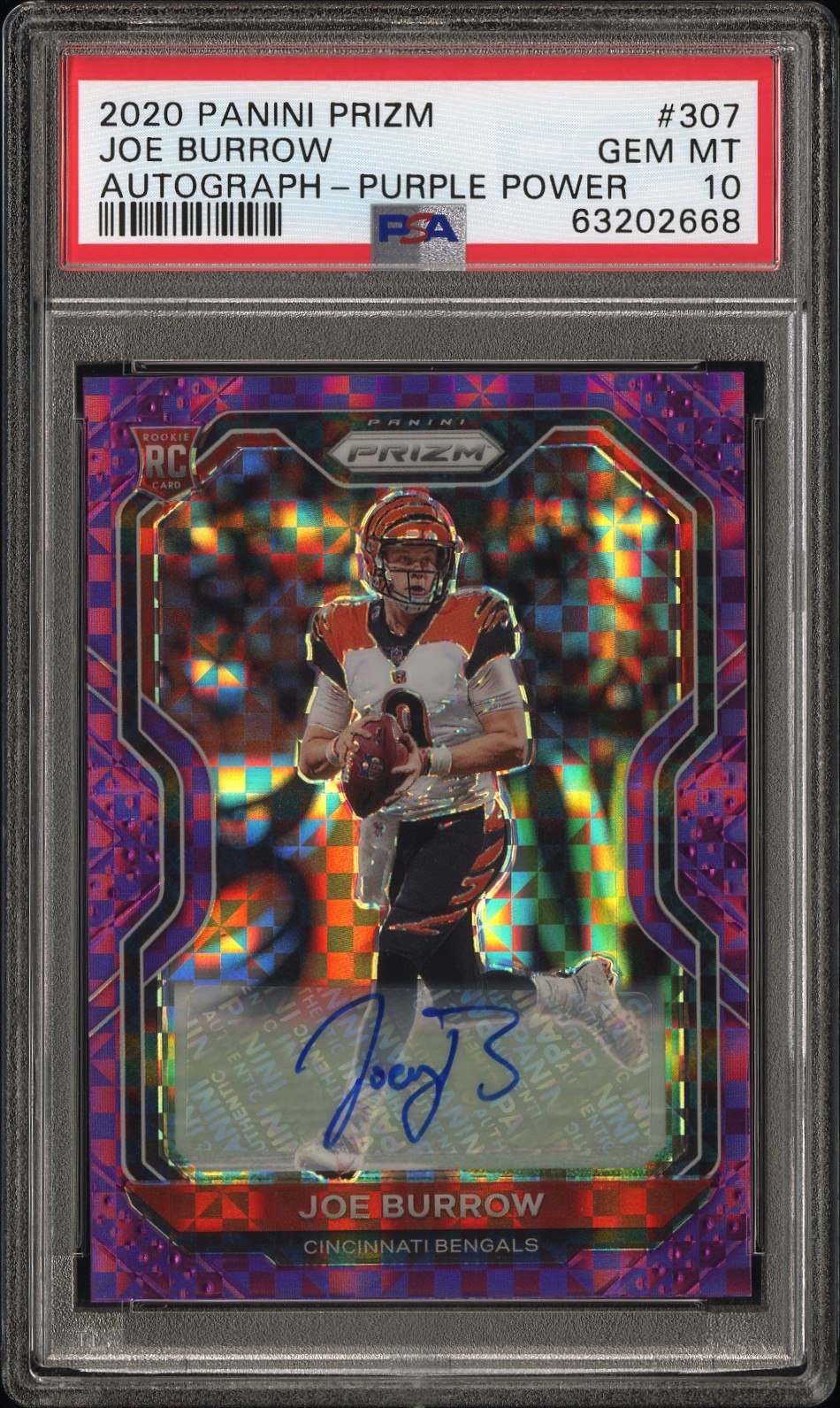 2020 PANINI PRIZM AUTO-PURPLE POWER #307 JOE BURROW ROOKIE RC #/49 PSA 10