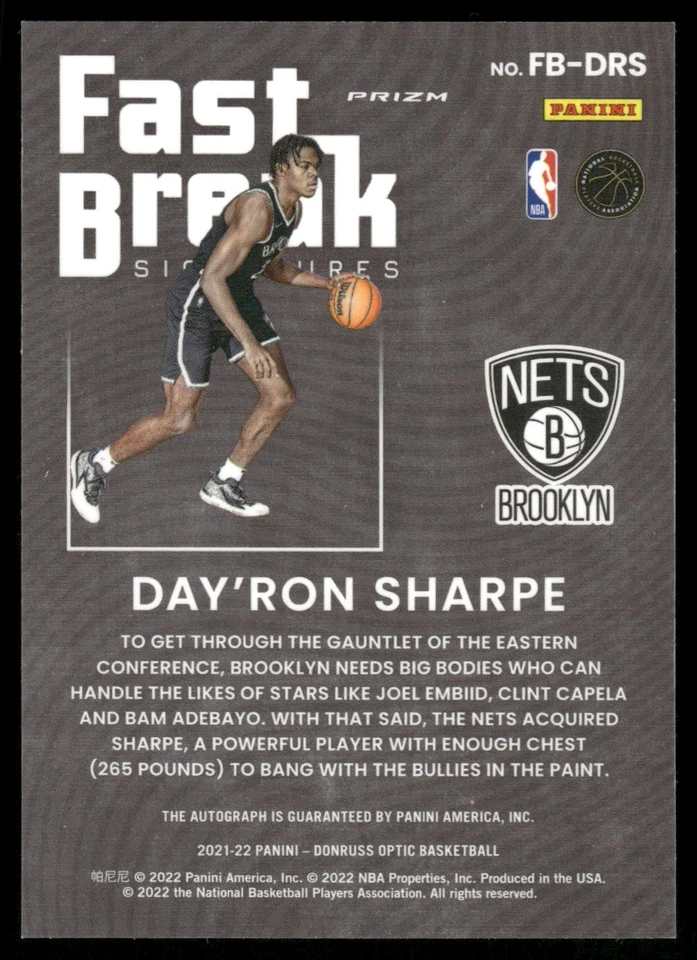#FB-DRS Day'Ron Sharpe 2021-22 Donruss Optic Fast Break Signatures - Image 2 of 2