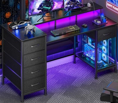 Korfile 47 Inch Gaming Desk with Power Outlets and LED Lights Reversible