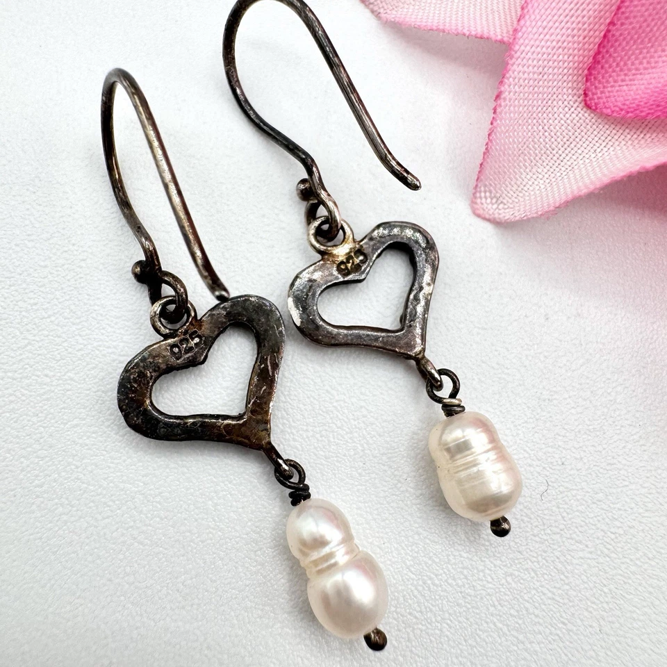 Pendientes colgantes delicados de plata de ley 925 con gota de perlas de corazón abierto San Valentín dulces Foto 3 de 4