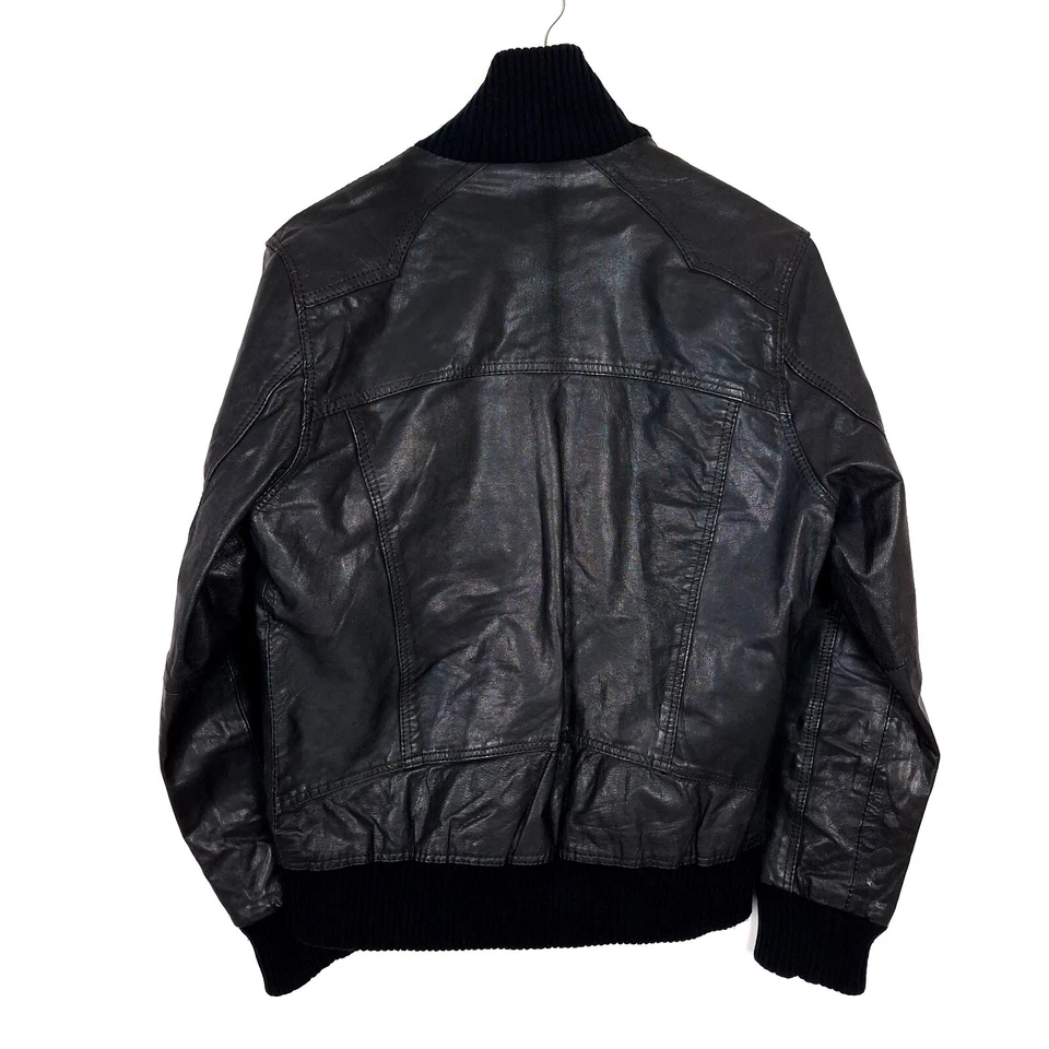 JACK & JONES Men's Bomber Leather Jacket Size M Black Full Zip Ribbed Hem - Image 2 of 4