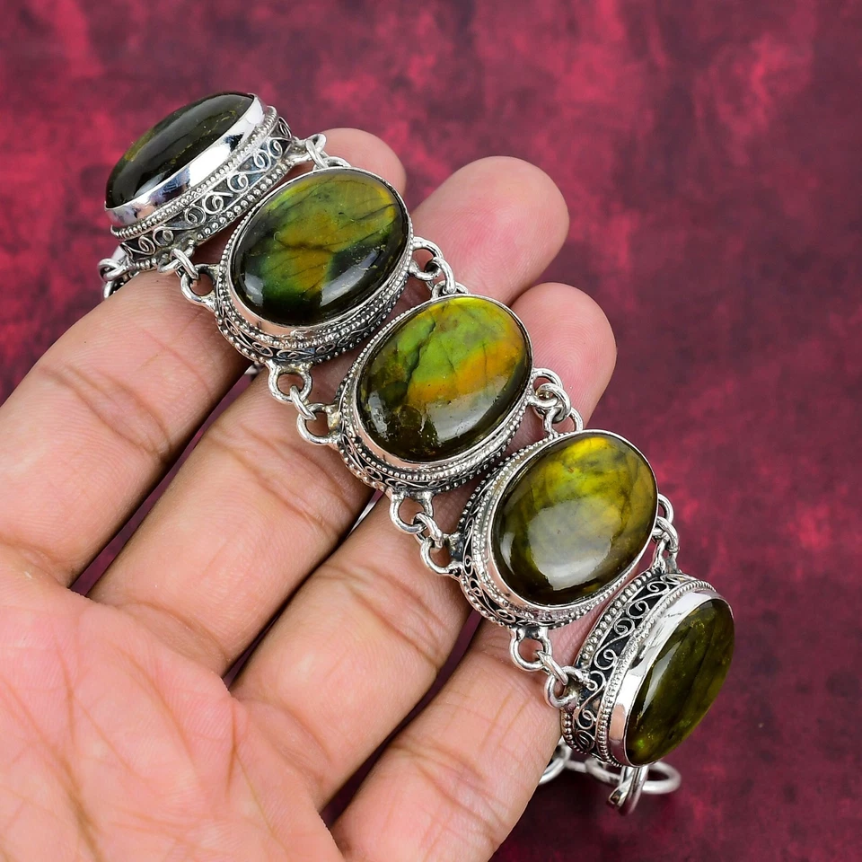 Green Flash Labradorite Gemstone Handmade 925 Sterling Silver Jewelry Bracelet - Image 2 of 4