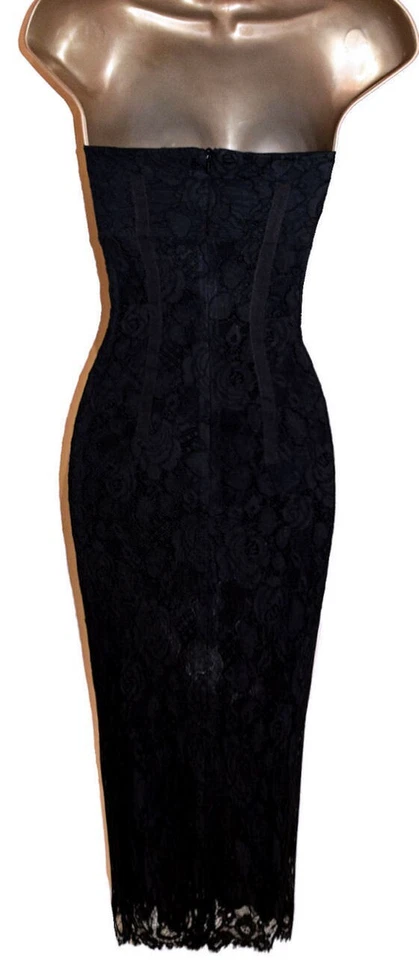 Karen Millen Size UK 8 STUNNING VINTAGE BLACK LACE STRAPLESS WIGGLE DRESS - Image 4 of 4