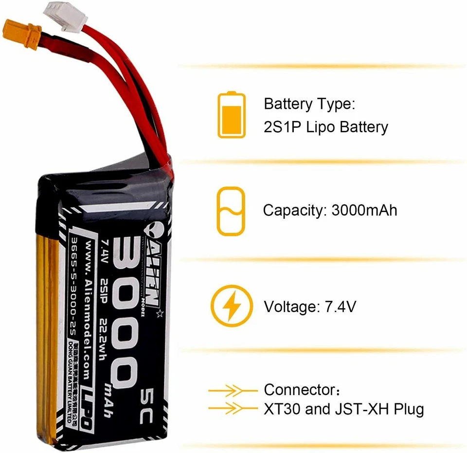 2X XT30 Plug 3000mAh 2S 7.4V Lipo 2S Battery 2-Cell For RC Airplane Jet Car boat - Image 4 of 4
