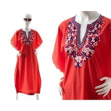 Vintage 1970s Kaftan Maxi Dress 70s Floral Embroidered Red Cotton Boho Caftan