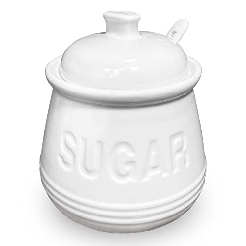 Sugar Bowl with Lid and Spoon, Ceramic Sugar Containers for Countertop, White - Afbeelding 1 van 7