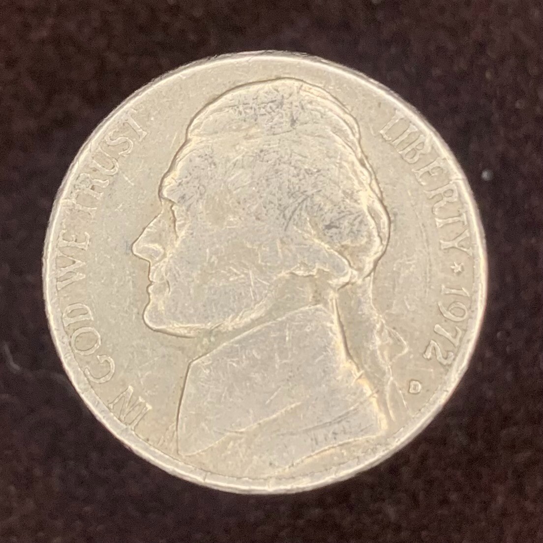 N16 1972-D Jefferson Nickel Error Coin - Low Mint Mark Close to