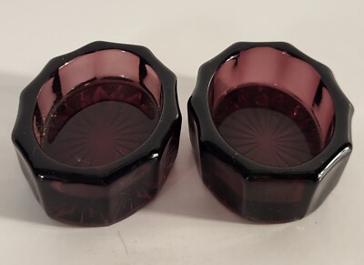 Pair of Mosser Salt Cellars Open Salt Amethyst Glass 2 Inch Oval 10 Sides
