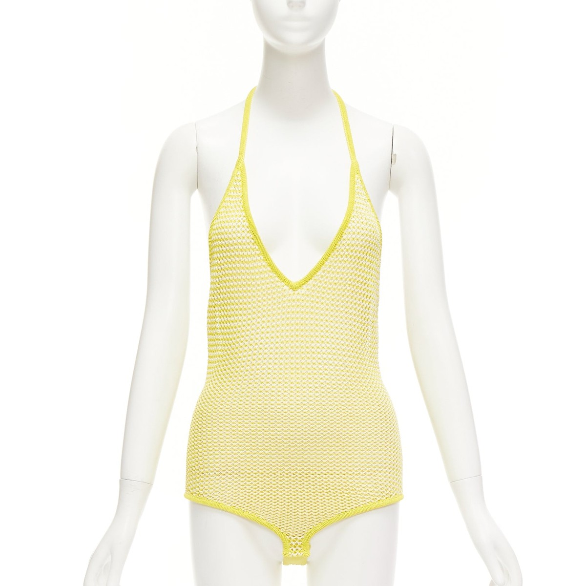 BOTTEGA VENETA 2021 Fishnet Body yellow white knitted halter 