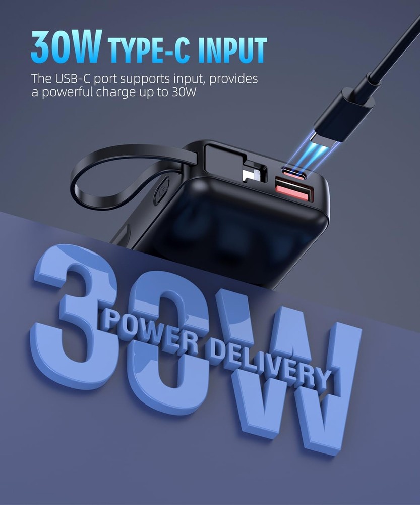 15000mAh Power Bank with Built-in Cables for Fast Portable Charging