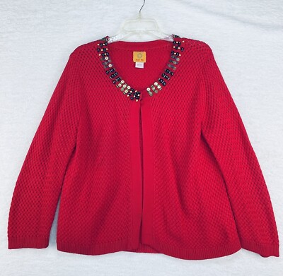Ruby Rd. Bead/ Sequin Neckline Red Knit Sweater  2825