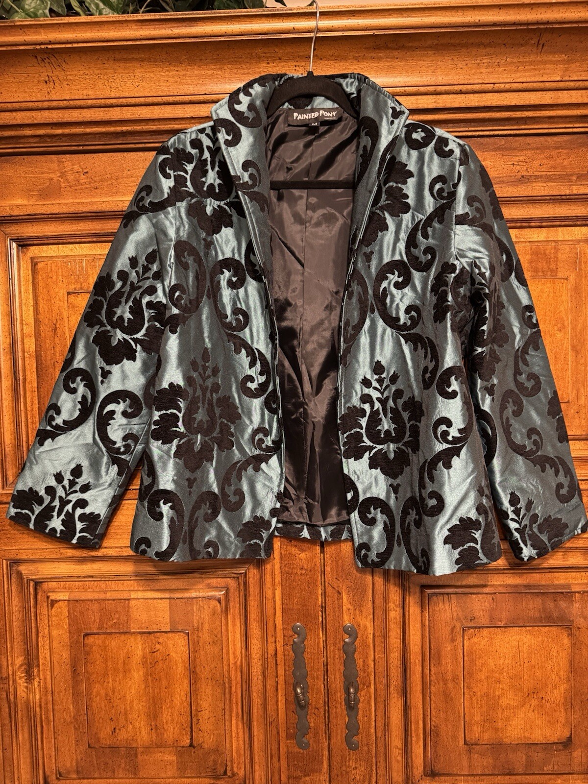 Blazer pony dipinto donna M blu ricamato vintage giacca aperto davanti made USA EUC