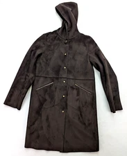 Harve Benard Women's Faux Suede Coat Size 8 Brown Hooded Trench Midi