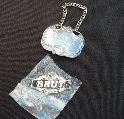 2006 New Brut Racing Lapel pin & Vtg BRUT for Men Silver Tone Metal Bottle Charm