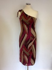 DIVA REDS, BEIGE & GOLD SPARKLE ONE SHOULDER STRETCH DRESS SIZE M