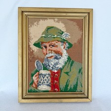 Needlepoint Vintage Bavaria German Beer Stein Drinking Bearded Man Wood Framed