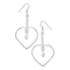 Long Dangle Open Heart .925 Sterling Silver Promise Ball Bead Earrings