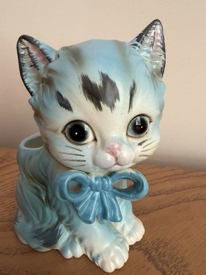 Lefton White Blue Kitten Cat Planter Big Eye Kitsch Cute Bow Ceramic Vtg MCM