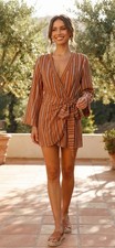 Storia Mini Wrap Shirt Dress Brown Stripes Sz S Flare Sleeves Tunic V Neck