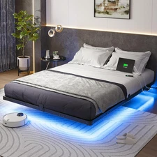 Queen Size Floating Bed Frame with USB Charging Station and LED Lights, Modern M