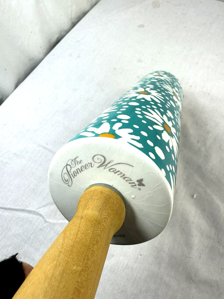 Rodillo de cerámica margarita mercado de pulgas mujer pionera 18" asas de madera turquesa Foto 3 de 4