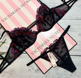 Victoria&rsquo;s Secret Bra Cherry Pop Embroidery Unlined Demi Brazilian Set Black