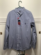 CHAPS NWT Men’s Large Navy/White Easy Care Stretch Button Down Plaid Dress Shirt