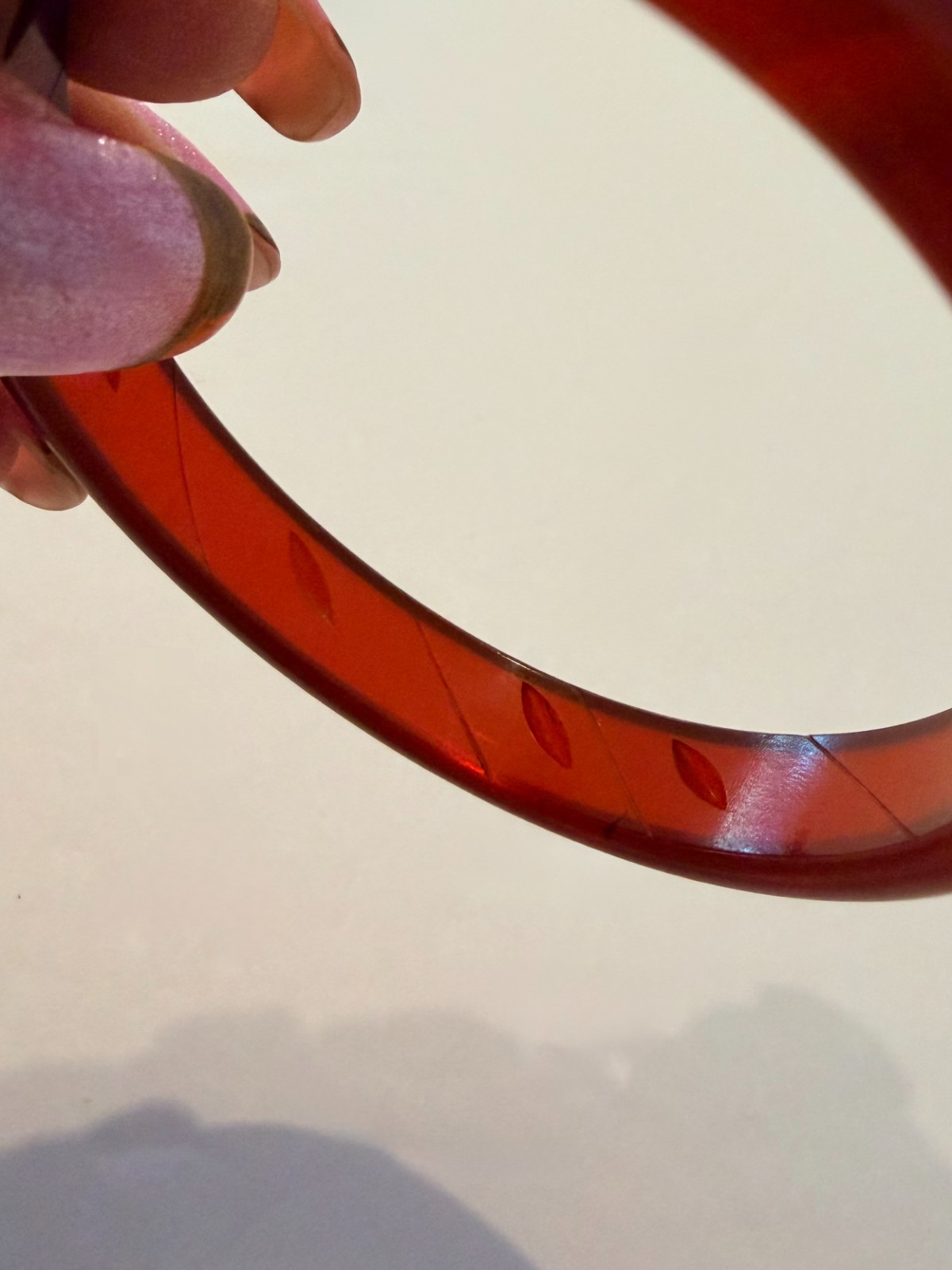 Tested Bakelite Carved Translucent Red Bangle Bra… - image 3