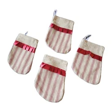 Lot 4 Mini Farmhouse Christmas Stockings 4x6 Red Cream Striped Satin Trim Decor