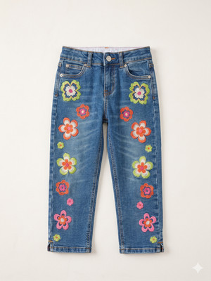 Mini Boden Girls Embroidered Floral Jeans Medium Wash Denim Size [8Y]