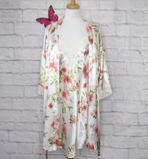 APT 9 Satin Chemise Nightgown & Robe Set Lace Trim T-Back Women's Size M Floralb