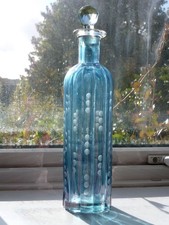 Large Blue Glass Bottle Ribbed with Stopper