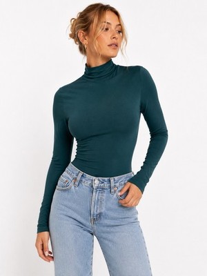 Abercrombie & Fitch Seamless Mock Neck Long Sleeve Bodysuit Deep Teal Small