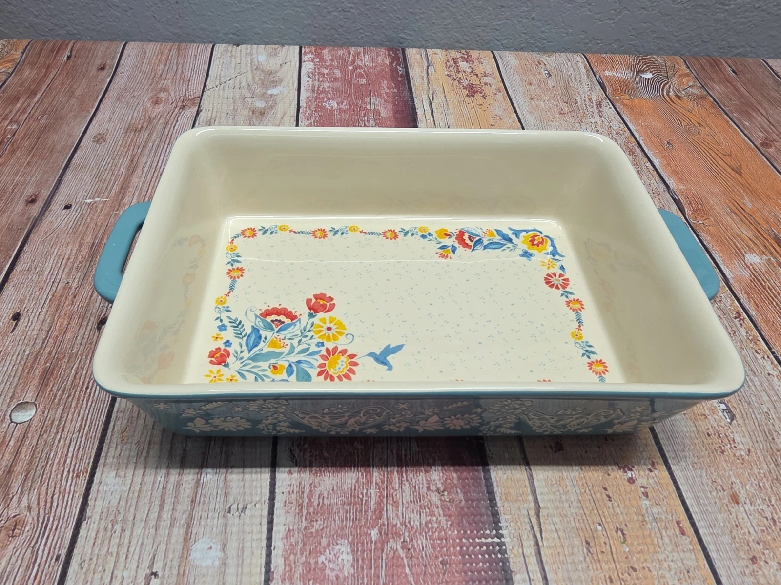 Pioneer Woman Sweet Romance Blossoms Teal Rectangular Ceramic Baking Dish 10x7