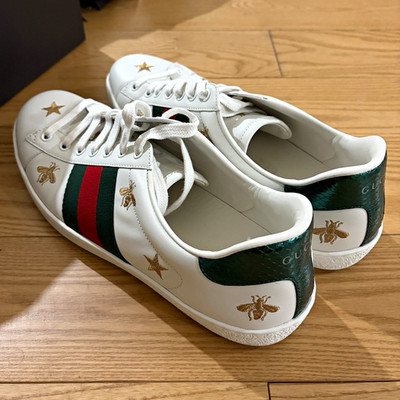 Gucci Ace White Leather Low Top Sneakers Web Stripe Bees & Stars 386750