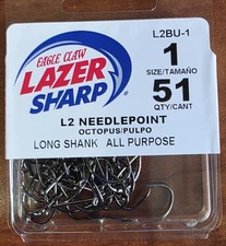 Eagle Claw Lazer L2BUH-1 Size 1 Octopus Hook Needle Point Long Shank 51 qty