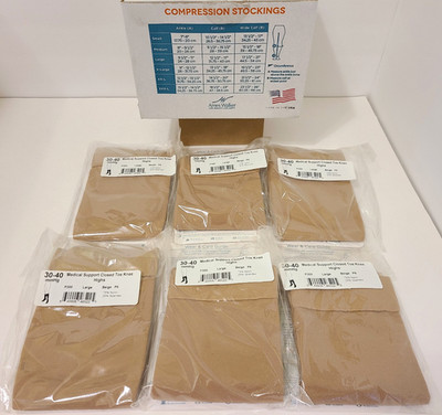 Ames Walker 30-40 LARGE BEIGE Compression Stockings Knee High Closed Toe 6 Pair
