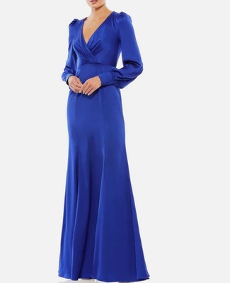 Mac Duggal Royal Blue Ruched Satin Long Bishop Sleeve Gown Size 12 $398