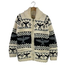 VTG Thunderbird Cowichan Sweater Full Zip Hand Knit Thick Wool 60s/70 White Sz M